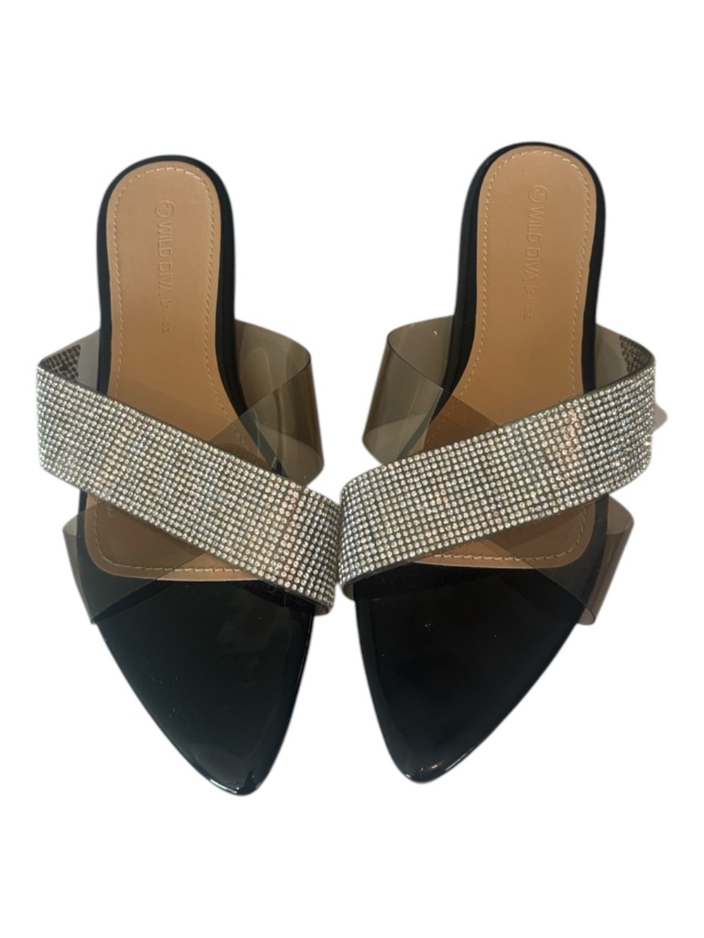 Wild Diva Black and Silver Rhinestone Slides